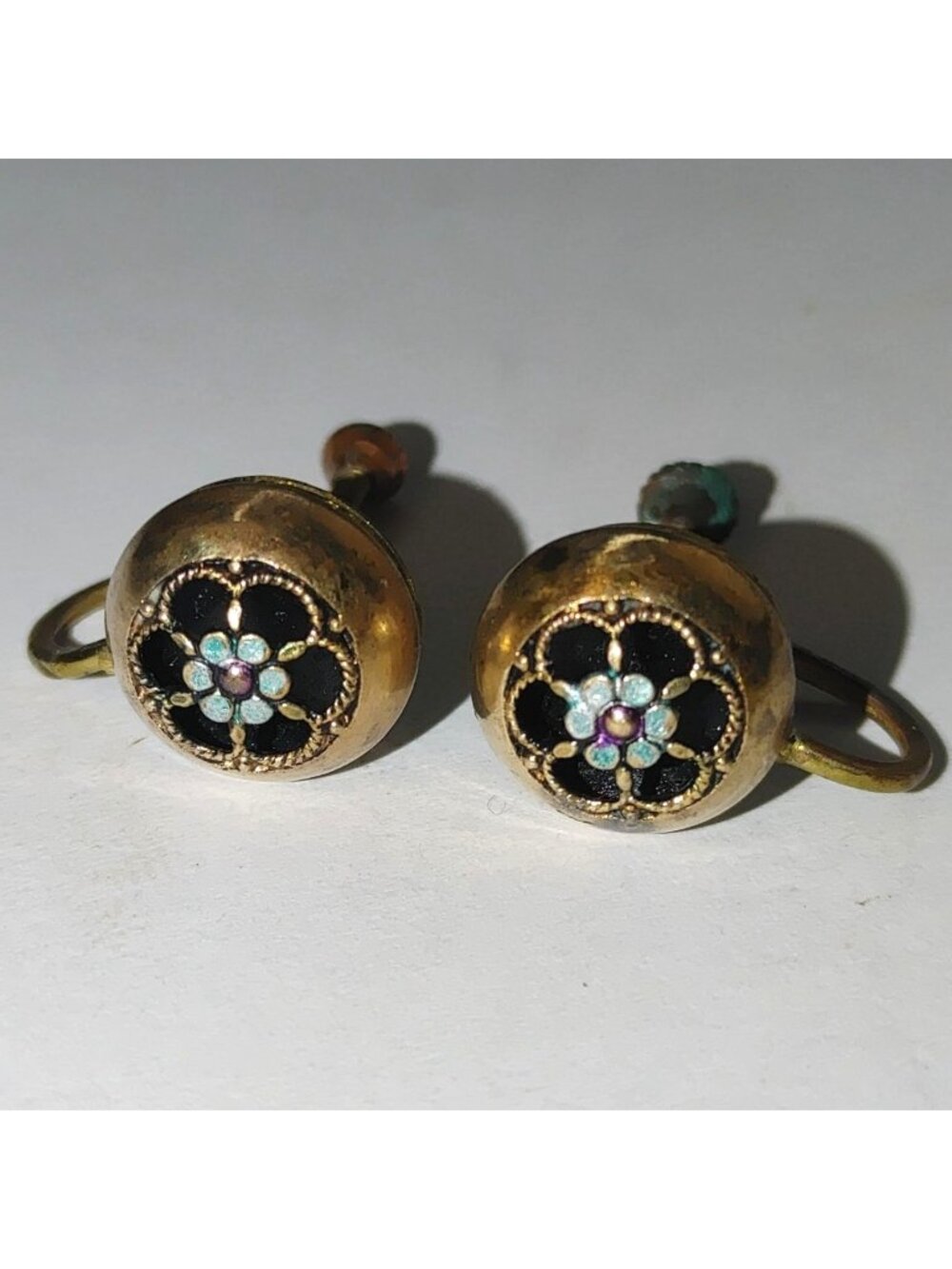 Floral Enamel Screw Back Earrings Filigree Vintage Gold Tone Mix Metal Victorian